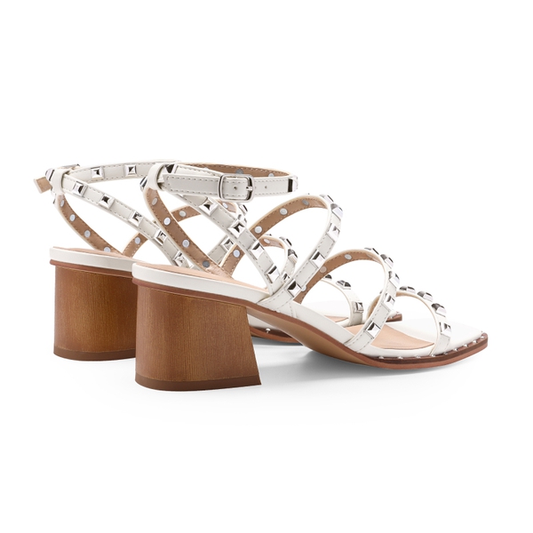 Clear Rhinestone Strappy Chunky Heels - WHITE PU RIVET - 4